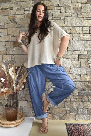 Rustic Nature Linen Blend Barrel Pant Washed Navy